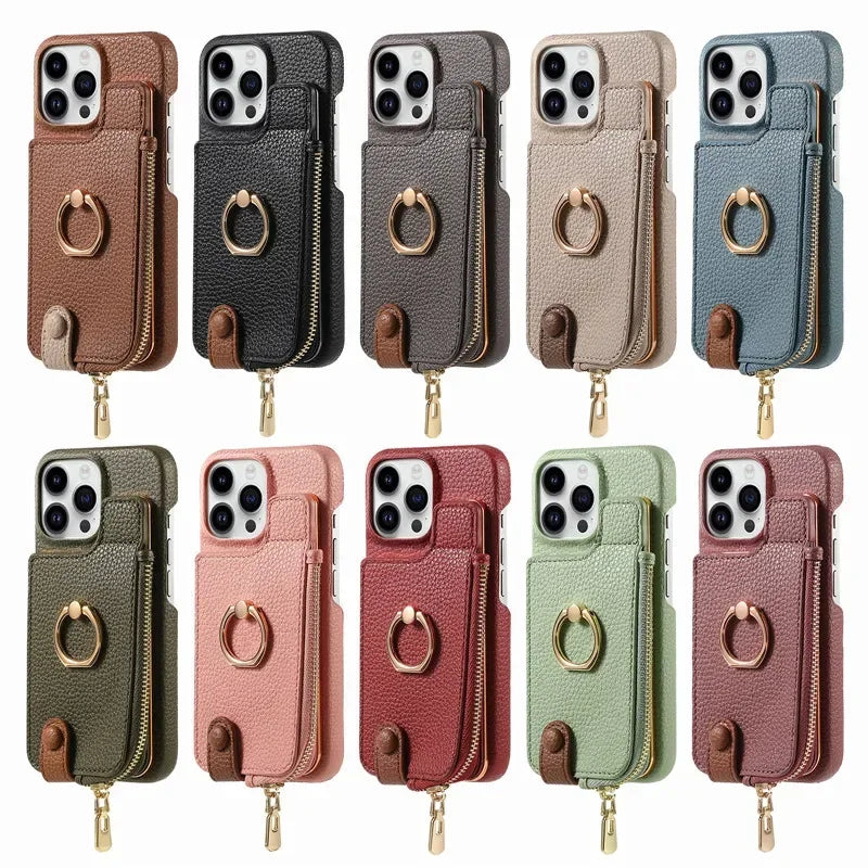 Luxury Leather Zipper Wallet iPhone Case – Card Holder, Ring Kickstand, Shockproof Cover for iPhone Models