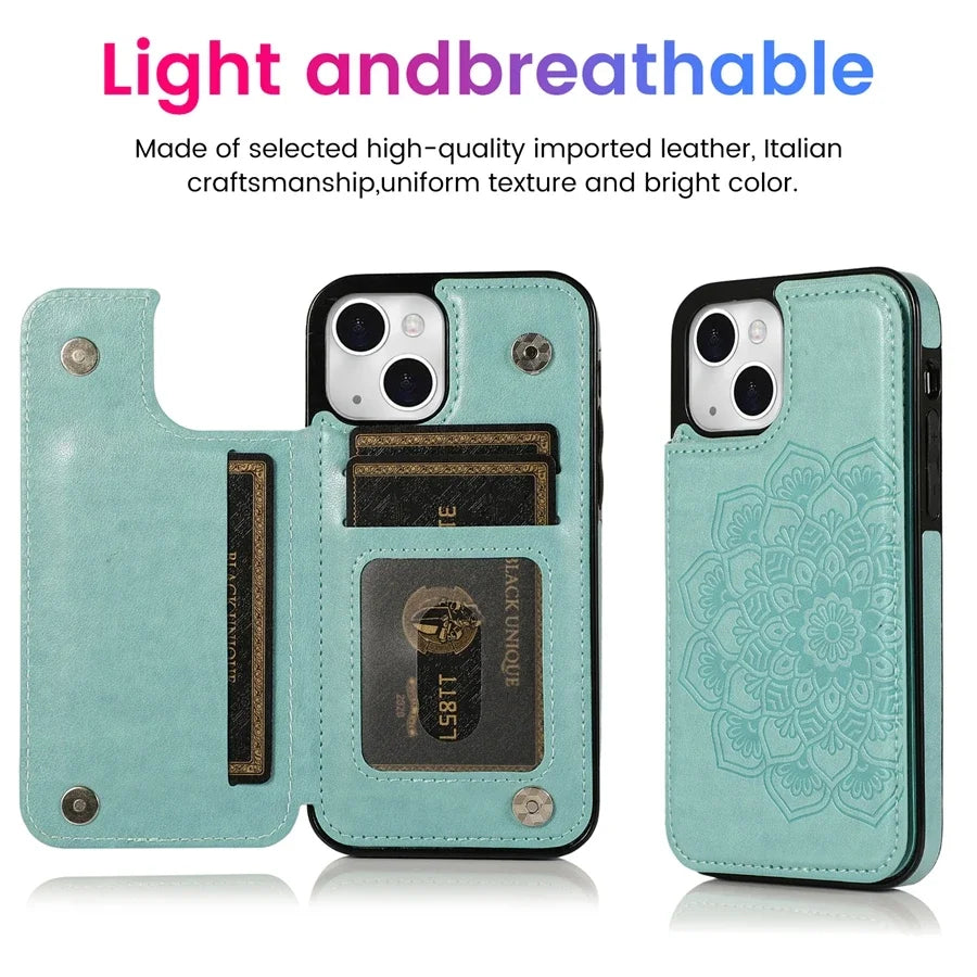 Luxury Wallet Datura Double Buckle iPhone Case – Magnetic Flip, Card Slot, Protective & Stylish Leather Cover Case for iPhone