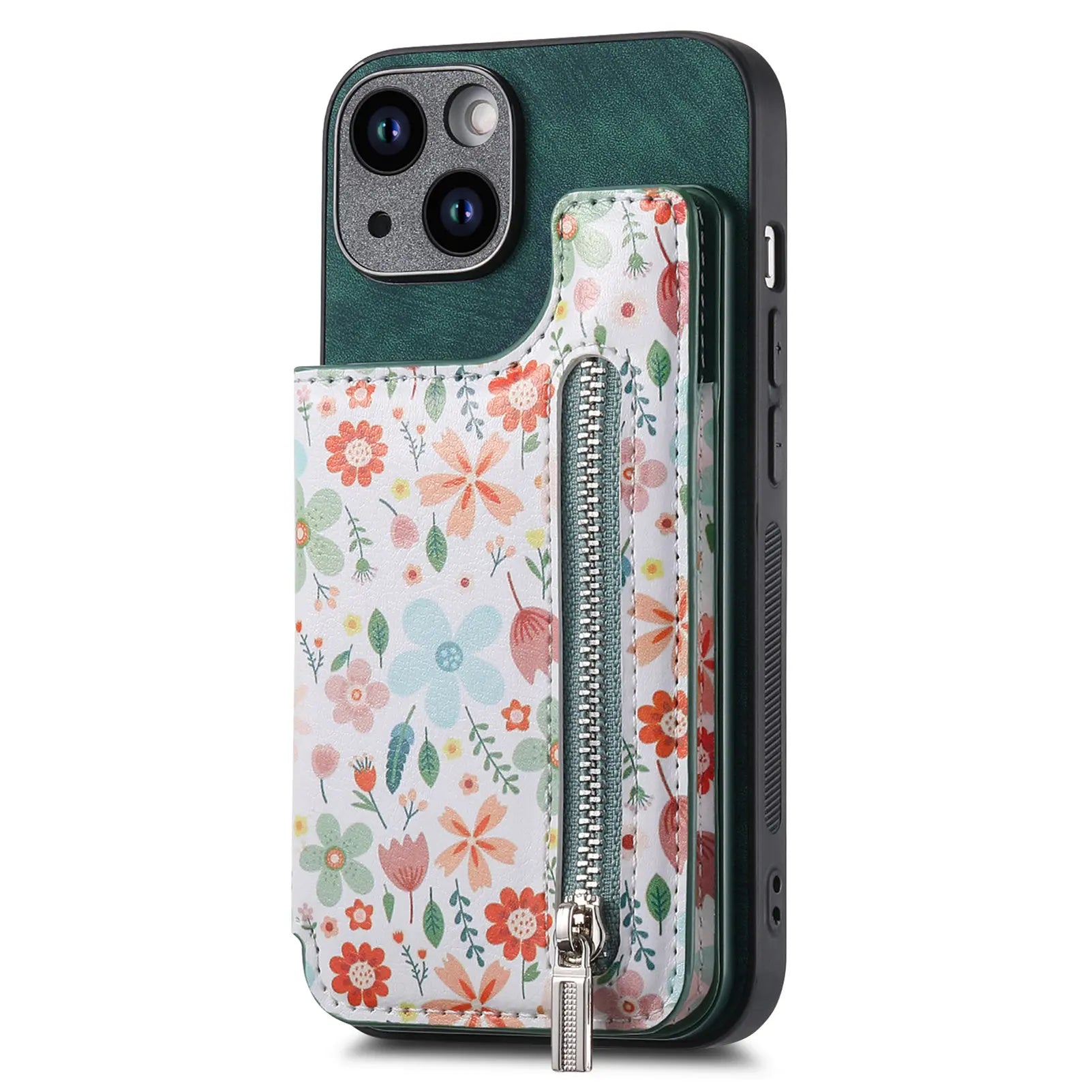 Zipper Card Slot Wallet iPhone Case – Magnetic Closure, Purse Pocket, Floral Design, Shockproof Protective Cover for iPhone