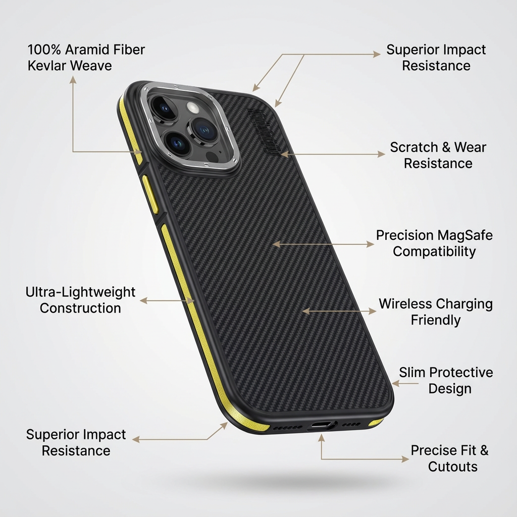 Premium 100% Aramid Fiber Kevlar iPhone Case – 600D Lightweight Compatible Ultra-Thin Protective Cover for iPhone Models