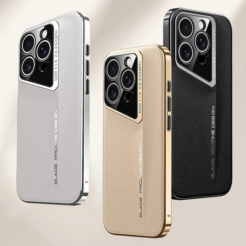 Three phone cases in silver, gold, and black on a beige background