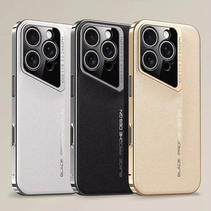Three phone cases in silver, black, and gold with 'Blade Proche Design' branding on a beige background.