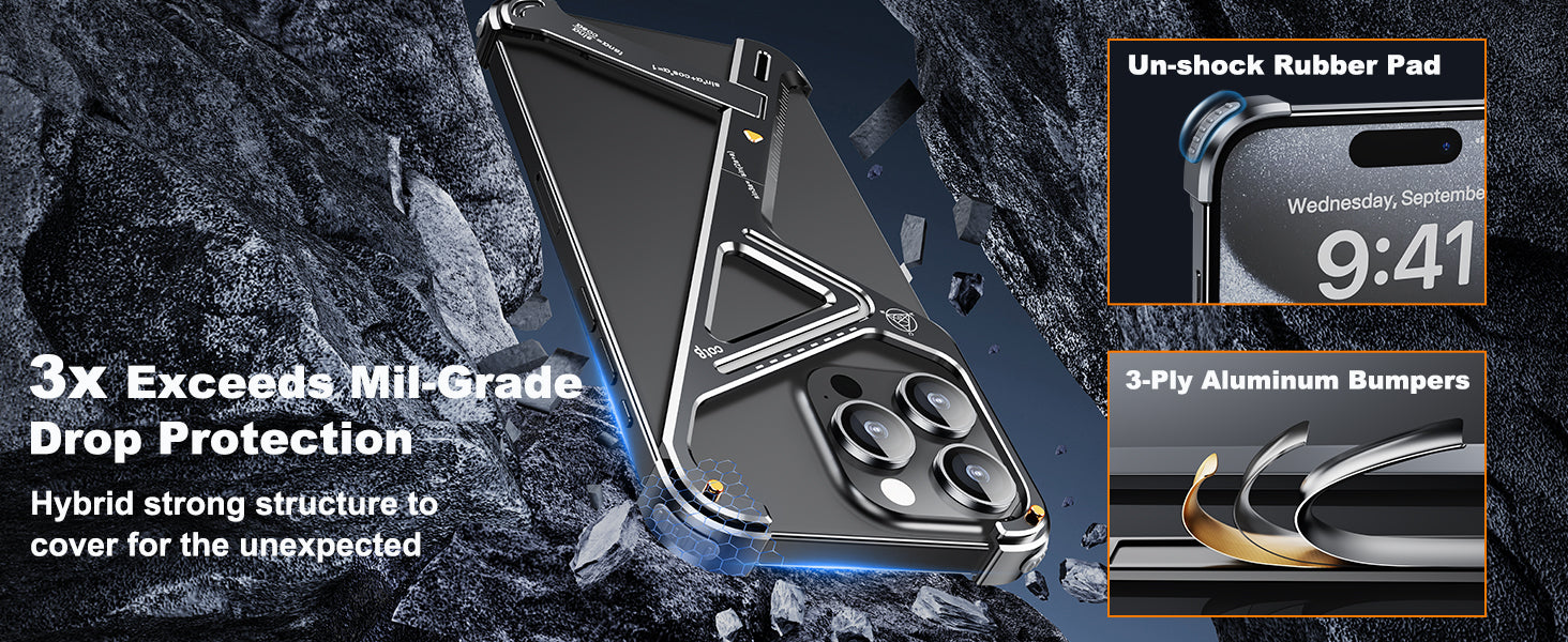 Luxury Geometric Metal iPhone Case – Aluminum Alloy Shockproof Cover with Stand for iPhone Models Stylish and Durable Design