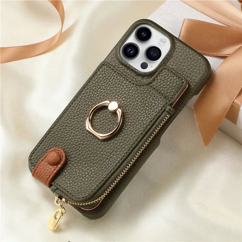 Luxury Leather Zipper Wallet iPhone Case – Card Holder, Ring Kickstand, Shockproof Cover for iPhone Models