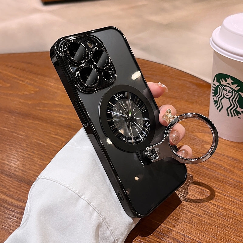 Luxury Ring Holder - Transparent Hard Acrylic Cover, Built-in Bracket, Magnetic Wireless Charging Compatible Case for iPhone