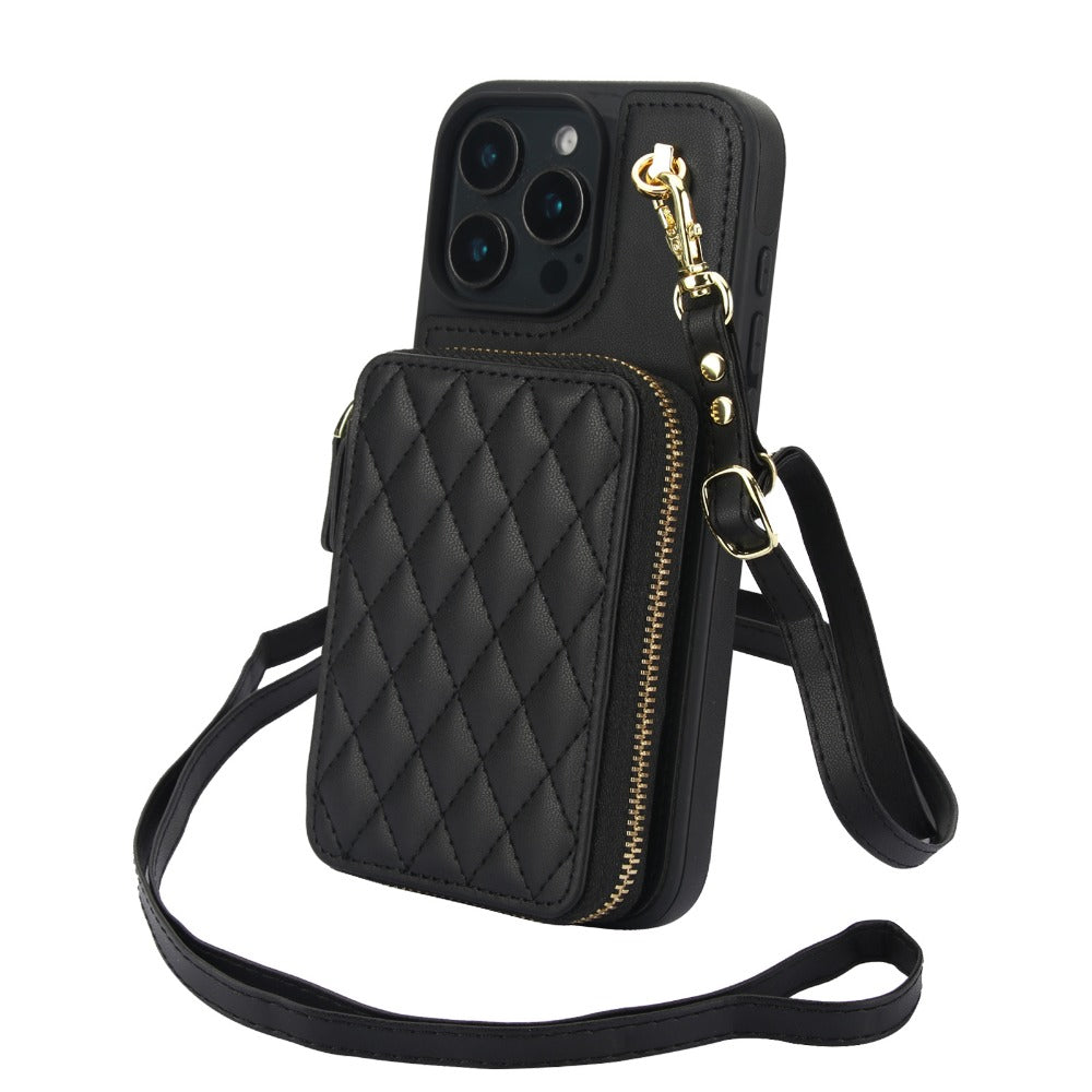 Luxury Crossbody Lanyard iPhone Case – Zipper Wallet Leather Cover with Card Holder, and Full Protection for iPhone Models