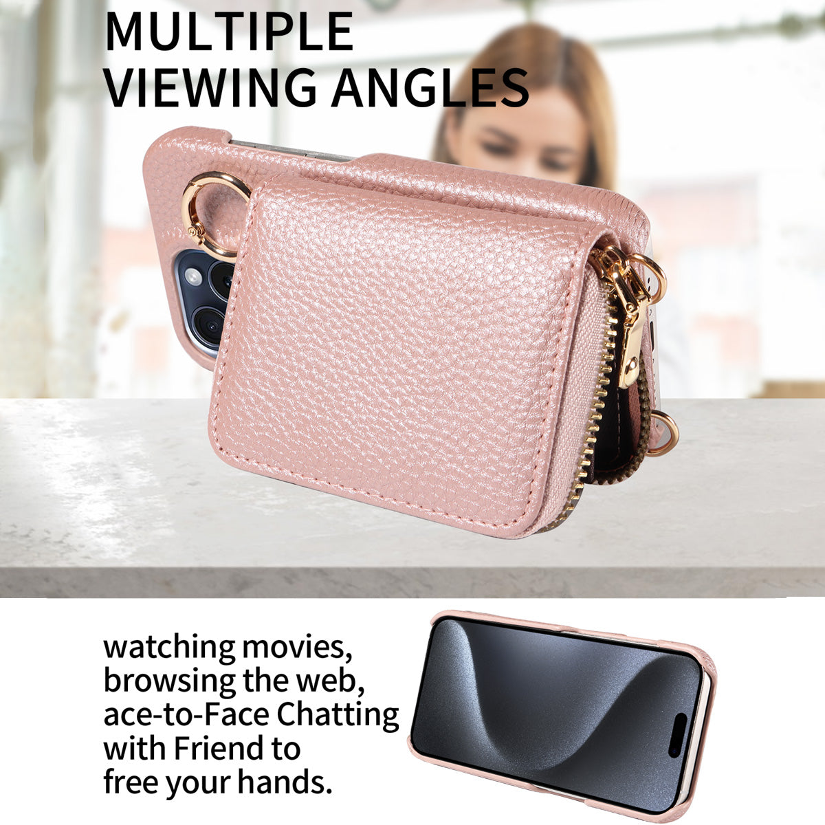 Luxury Zipper Wallet Crossbody iPhone Case Leather Cover with Card Holder Lanyard Strap and Full Protection for iPhone Models