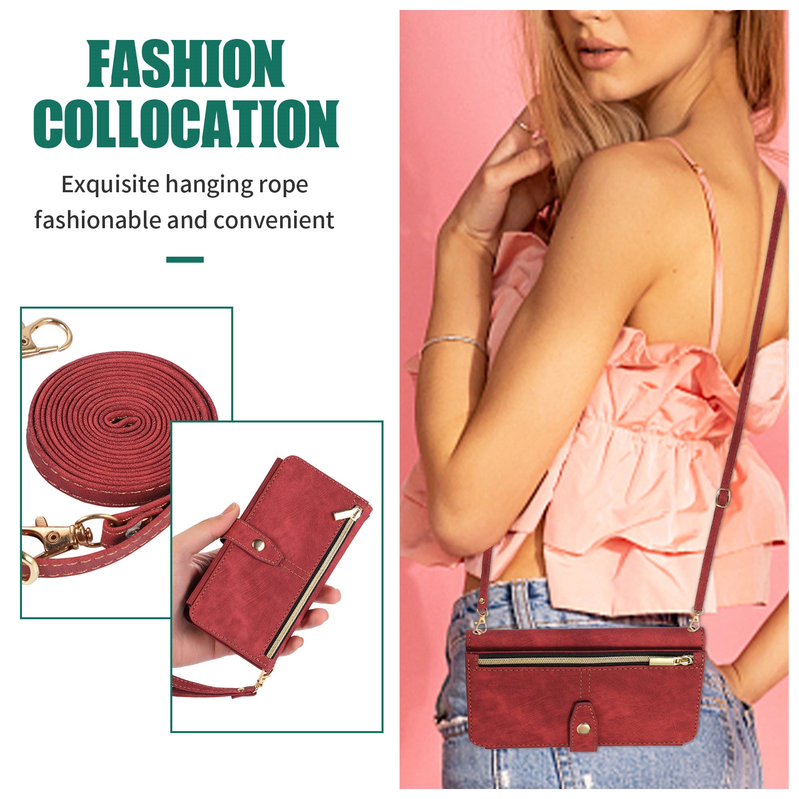 Luxury Crossbody Zipper Wallet iPhone Case – Leather Card Holder, Lanyard Strap, Closure Hands-Free Convenience for iPhone