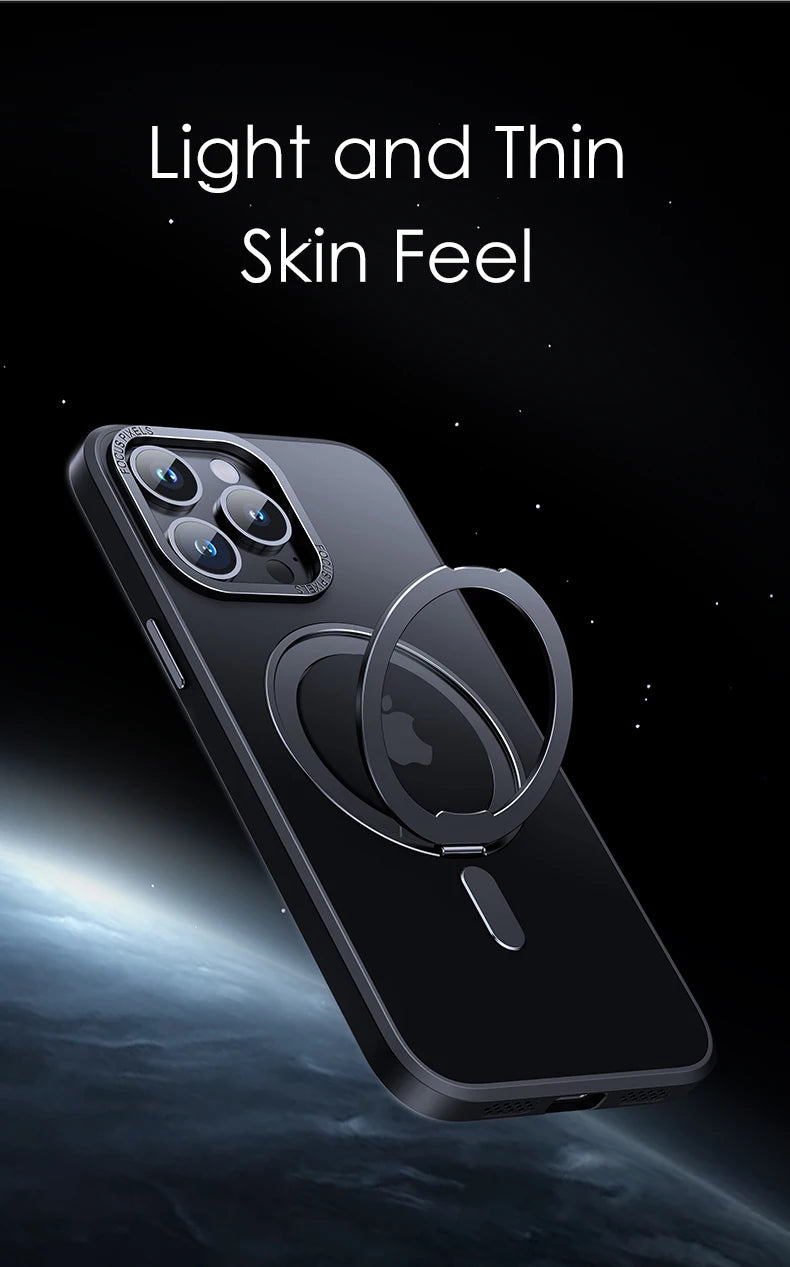 Luxury Magnetic 360° Rotating Stand Frosted Transparent Cover with Ring Holder Shockproof & Hands-Free Design Case for iPhone