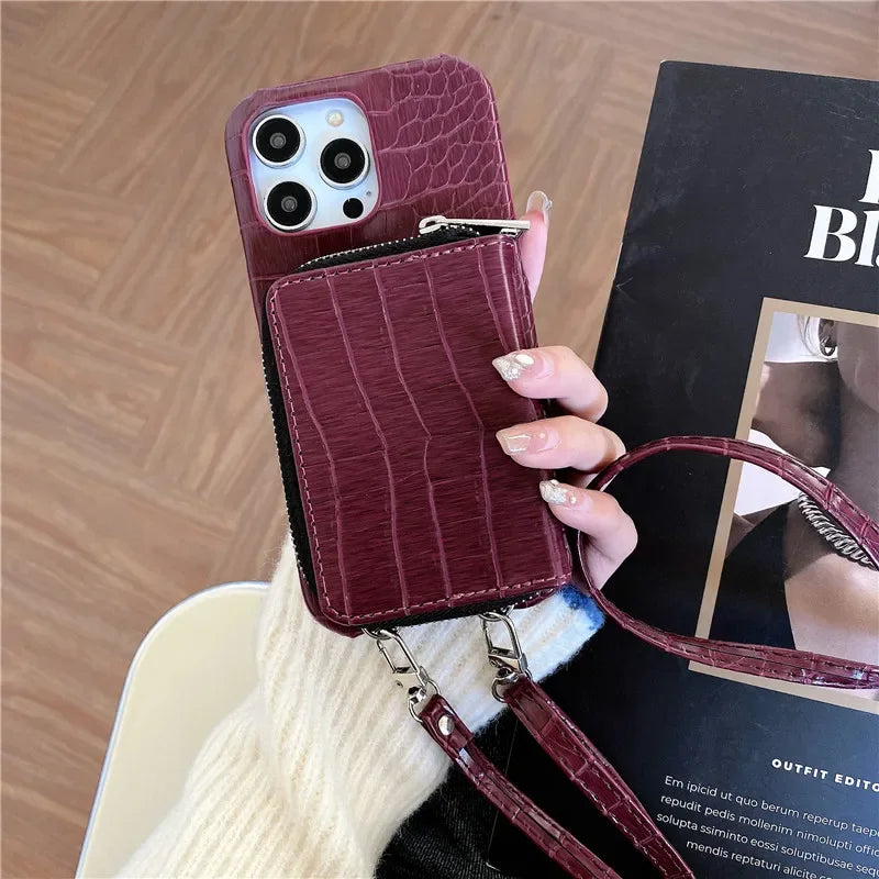 Luxury Crossbody Crocodile Skin iPhone Case – Zipper Wallet, Card Holder, Shockproof Protection, and Elegant Design for Secure & Stylish Convenience