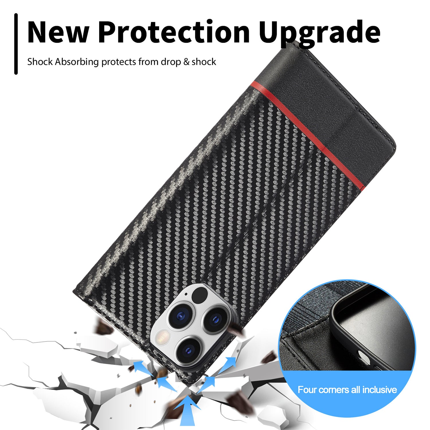 Luxury Carbon Fiber Leather Wallet iPhone Case – Magnetic Flip Cover, Card Holder, Shockproof Protection, Durable for iPhone