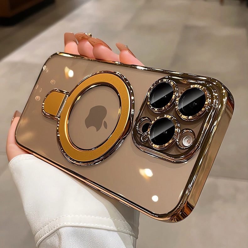 Luxury Plating MagSafe iPhone Case Transparent Acrylic Magnetic Cover with Stand Holder Shockproof PC Bumper Case for iPhone