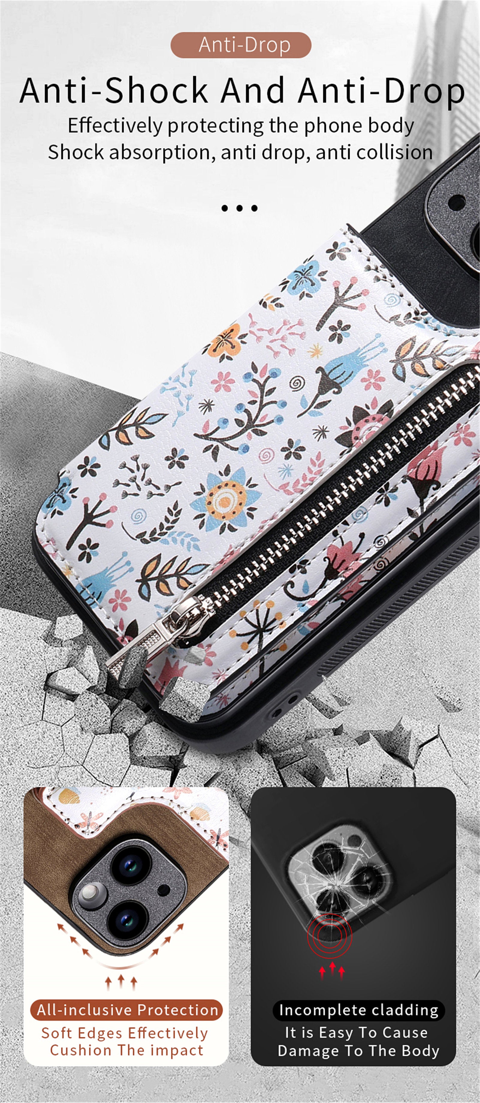 Zipper Card Slot Wallet iPhone Case – Magnetic Closure, Purse Pocket, Floral Design, Shockproof Protective Cover for iPhone