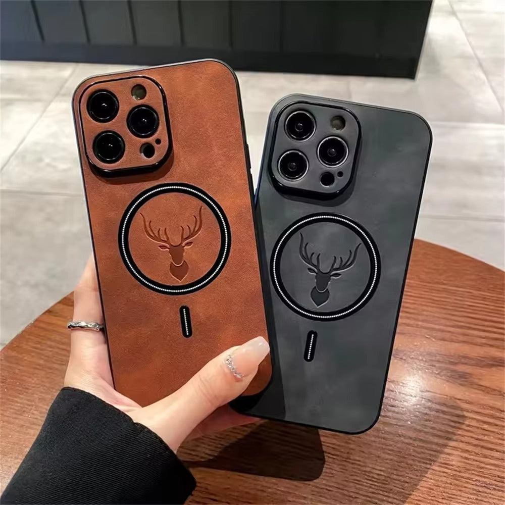 Luxury PU Leather MagSafe iPhone Case – Deer Embossed Design, Stylish & Durable Full Protection Cover | Case for iPhone