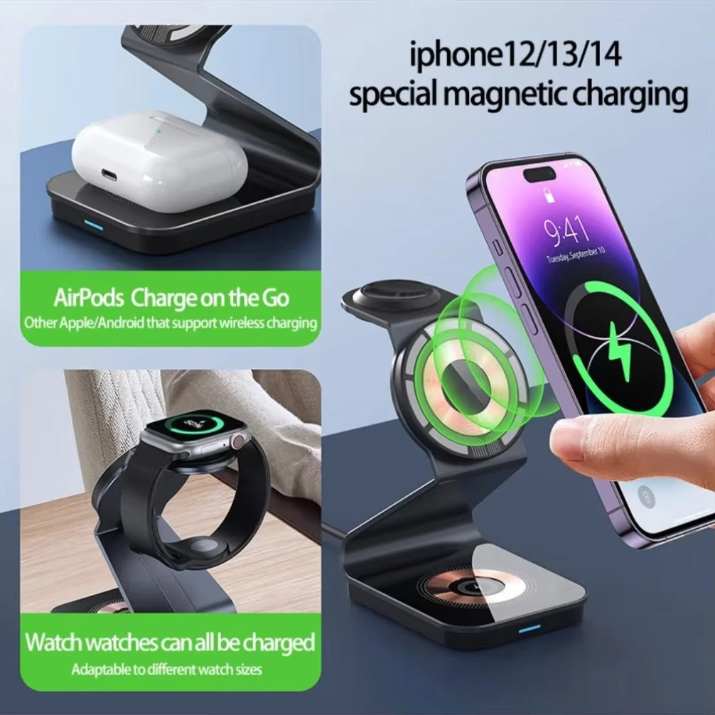 Luxury 3 in 1 Magnetic Wireless Charger Stand – Transparent Fast Charging Dock for iPhone, Apple Watch, AirPods with Aluminum Alloy Design, 15W Output