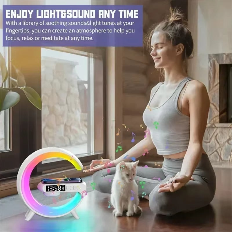 Luxury Wireless Charging Alarm Clock – Bluetooth Speaker with Sunrise Wake-Up Light, RGB Night Lamp, Sleep Aid, 5W Fast Charger for Qi-Enabled Devices
