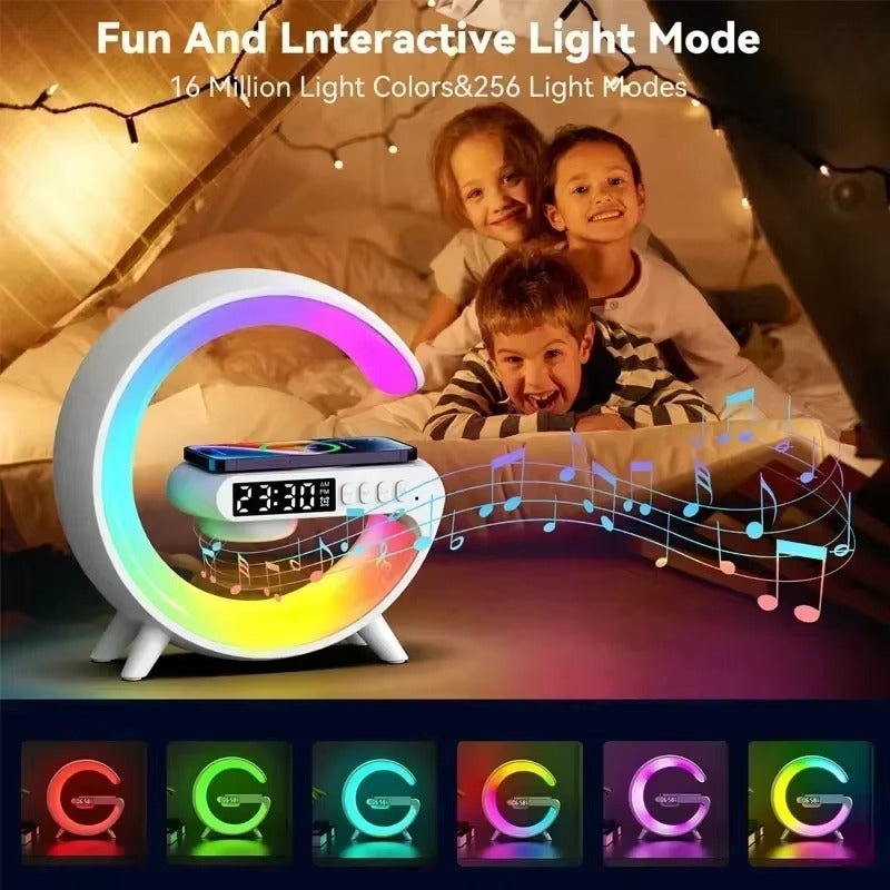 Luxury Wireless Charging Alarm Clock – Bluetooth Speaker with Sunrise Wake-Up Light, RGB Night Lamp, Sleep Aid, 5W Fast Charger for Qi-Enabled Devices
