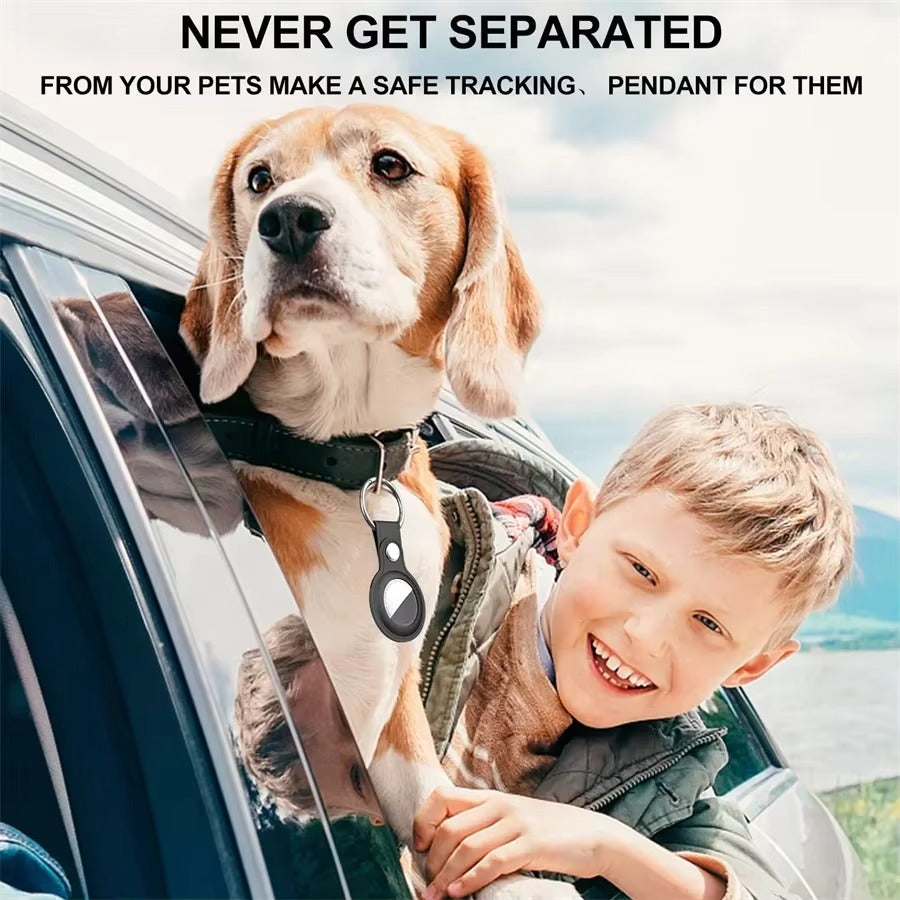 Luxury Leather AirTag Keychain Holder – Anti-Scratch Pet Tracker Cover, Secure Snap Button, Stylish Protective Case for iOS, Key Ring Included