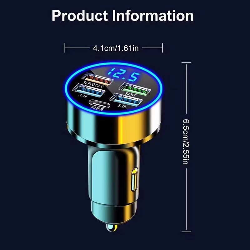 Premium 250W USB Car Charger with Digital Display – 6-Port Fast Charging PD QC3.0 Type-C Adapter, Intelligent Protection, Quick Charge