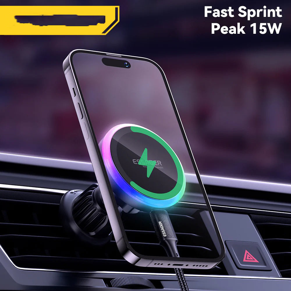 Premium, RGB, Magnetic Car Phone Holder, with 15W Qi Wireless Charging, Dashboard or Vent Mount, Fast Charger Stand for iPhone