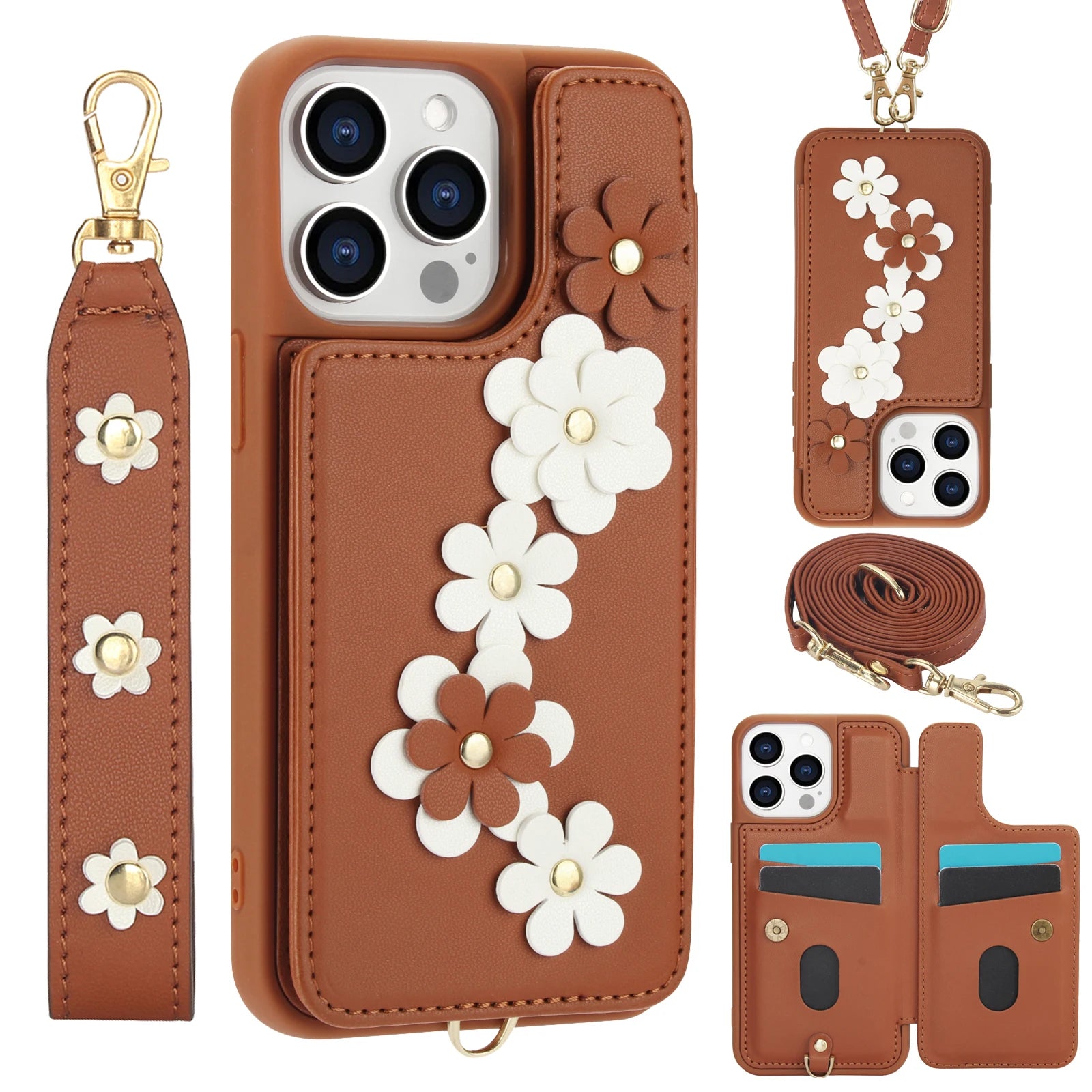 Luxury Crossbody Wallet Leather iPhone Case – 3D Flower Design, Card Slot, Wrist Strap, Magnetic Closure, Protective Cover