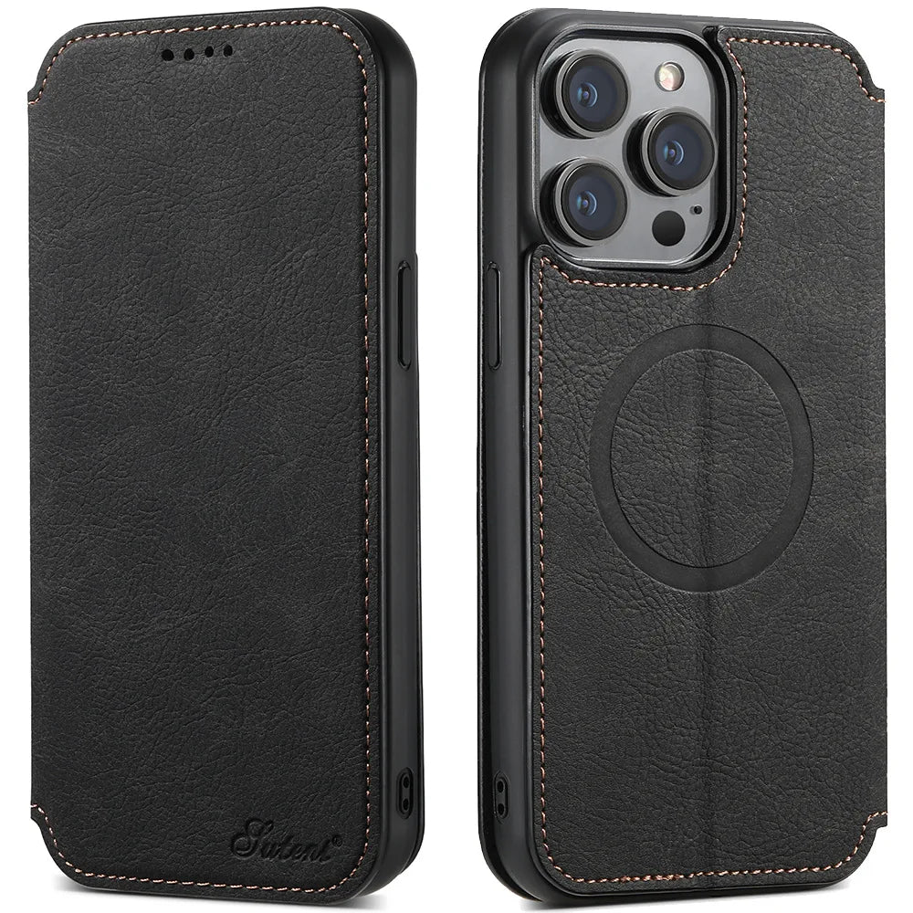 Luxury Leather Magnetic Flip iPhone Case – MagSafe Wallet Card Holder, Wireless Charging Compatible, Shockproof Protection, Elegant Design for iPhone Models