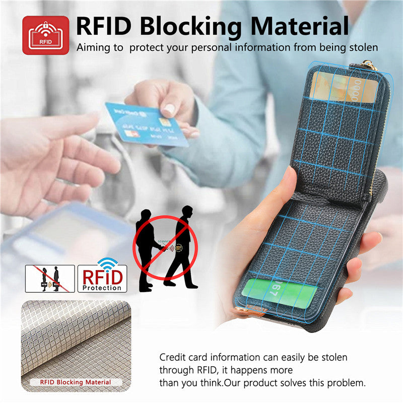 Luxury Leather Zipper Wallet iPhone Case – Card Holder, Ring Kickstand, Shockproof Cover for iPhone Models