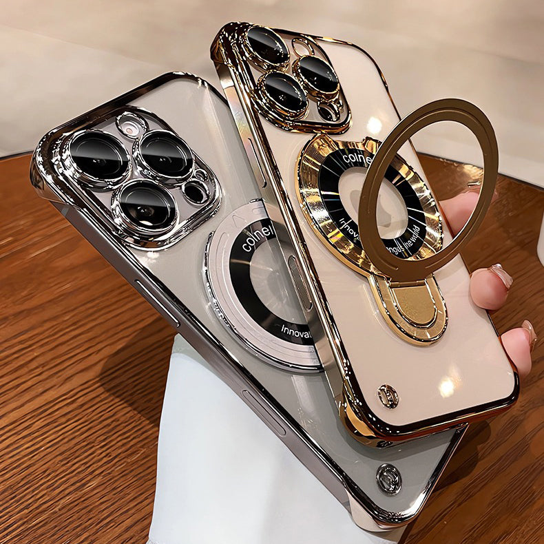 Frameless MagSafe Case with Logo Hole – Transparent Plating Slim Bracket for iPhone Models, Sleek and Durable Design