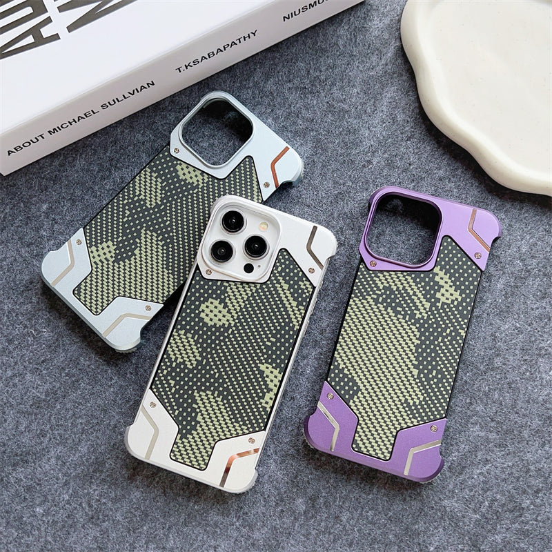 Camouflage Metal Armor Case Frameless Real Carbon Fiber Cover with Built-In Magnet for iPhone Models, Durable and Protection