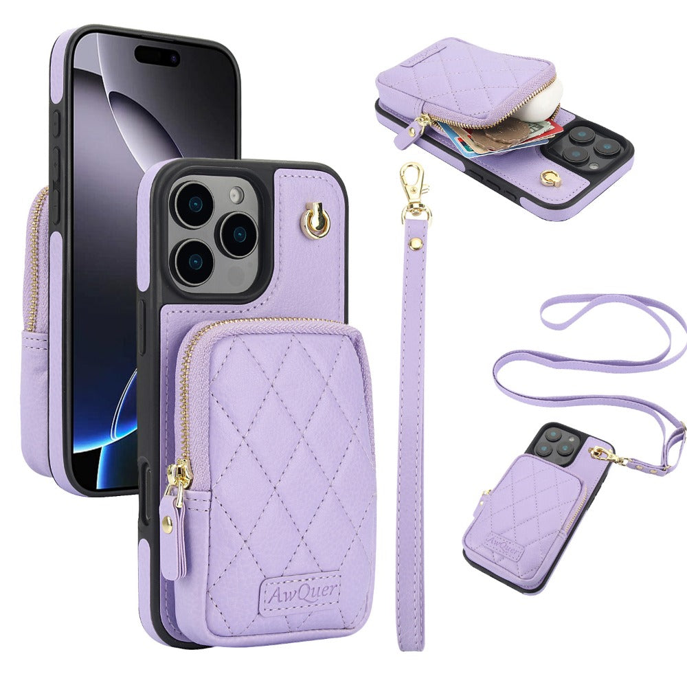 Luxury Crossbody Lanyard iPhone Case – Zipper Wallet Leather Cover with Card Holder, and Full Protection for iPhone Models
