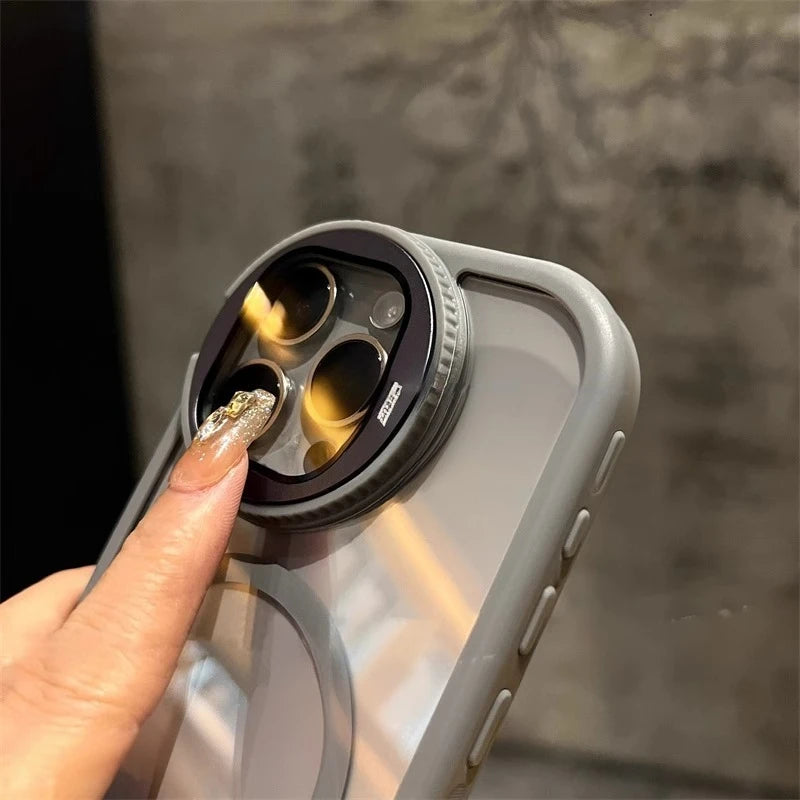 Luxury Glass Camera Stand iPhone Case - Transparent Magnetic Acrylic Cover, Wireless Charging Compatible, Case for iPhone