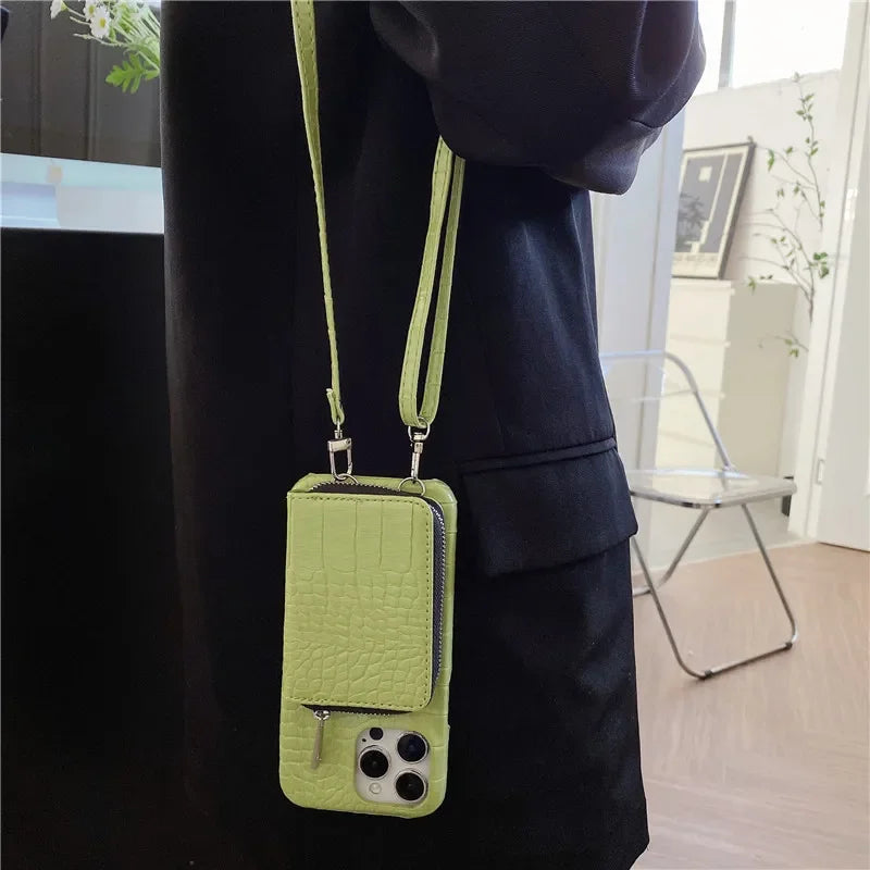 Luxury Crossbody Crocodile Skin iPhone Case – Zipper Wallet, Card Holder, Shockproof Protection, and Elegant Design for Secure & Stylish Convenience