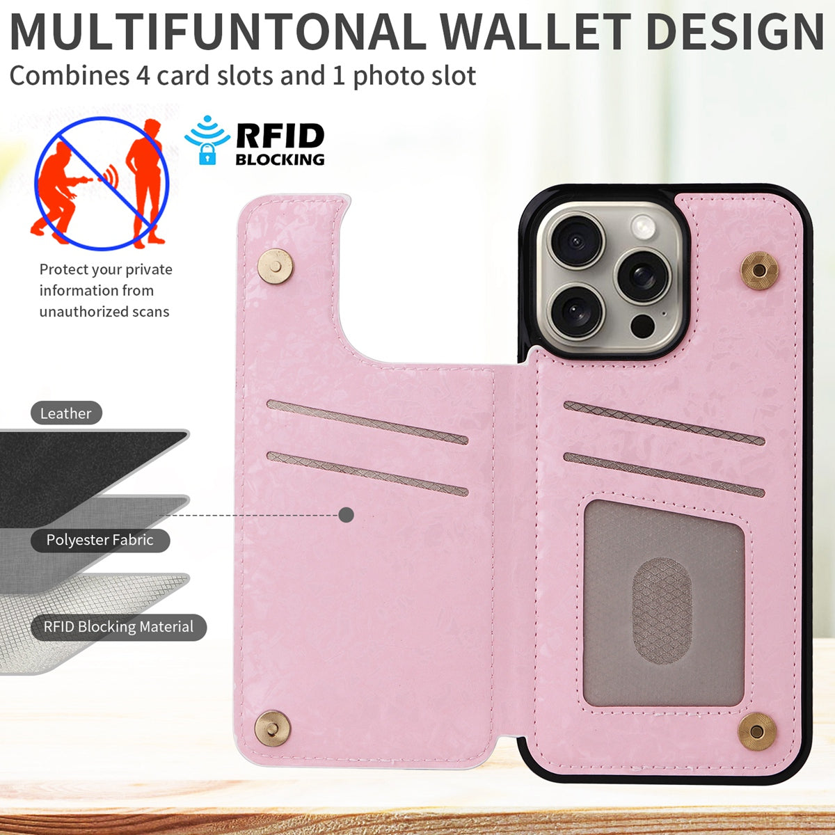 Hot Stamped Floral Wallet iPhone Case – Card Slots Magnetic Closure, Elegant Leather Design, Shockproof Protection for iPhone