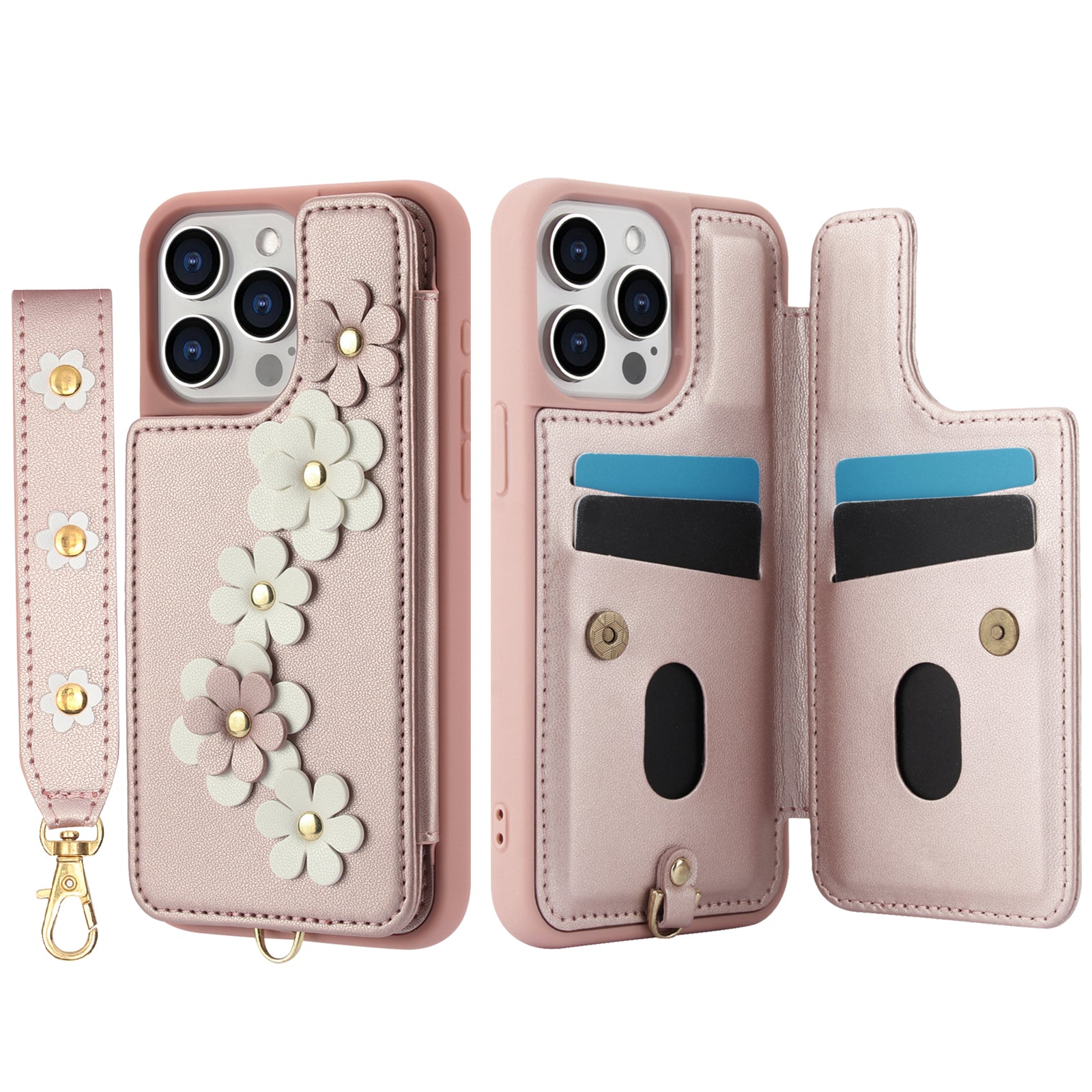 Luxury Crossbody Wallet Leather iPhone Case – 3D Flower Design, Card Slot, Wrist Strap, Magnetic Closure, Protective Cover