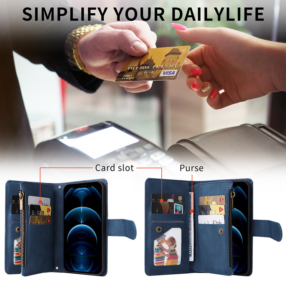 Premium Retro Flip Leather iPhone Case – Zipper Wallet, Multi-Card Slots, Necklace Lanyard, Magnetic Closure, Shockproof Protection for iPhone