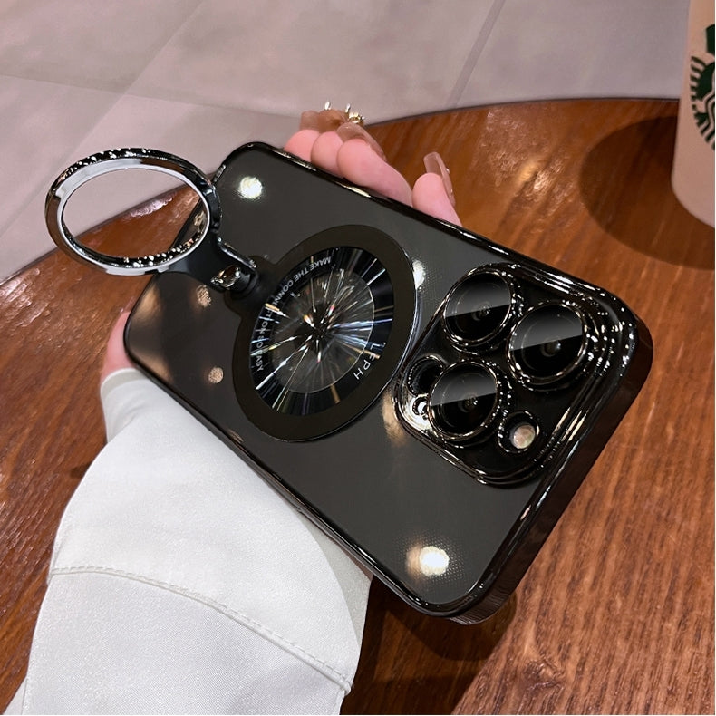 Luxury Ring Holder - Transparent Hard Acrylic Cover, Built-in Bracket, Magnetic Wireless Charging Compatible Case for iPhone