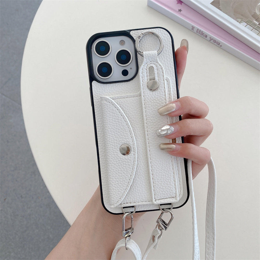 Luxury Crossbody Leather Wallet iPhone Case – Wrist Strap, Ring Holder, Card Slot, Shockproof Protection, Stylish Design for iPhone