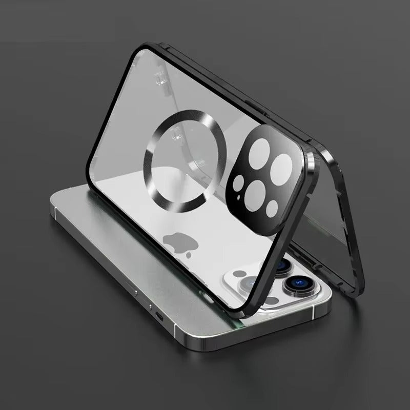 Premium Apple iPhone Case Ultra Thin Shockproof Magnetic Full All Around Protection Cover with Metal Frame Glass Design