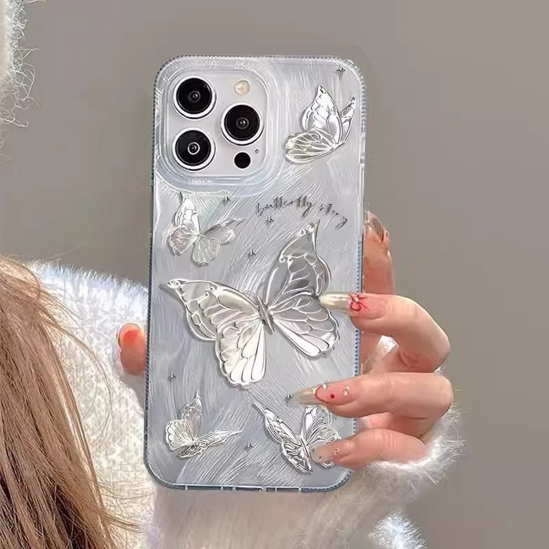 Luxury Apple iPhone Case, MagSafe Compatible, Camera Lens and Screen Protection, Ultra Thin, Shockproof, Magnetic, Full All Around Protection, Laser Silver Butterfly Cover