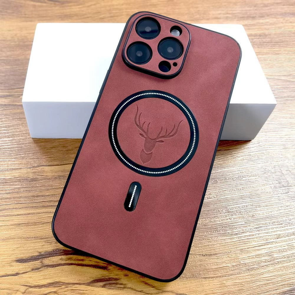Luxury PU Leather MagSafe iPhone Case – Deer Embossed Design, Stylish & Durable Full Protection Cover | Case for iPhone