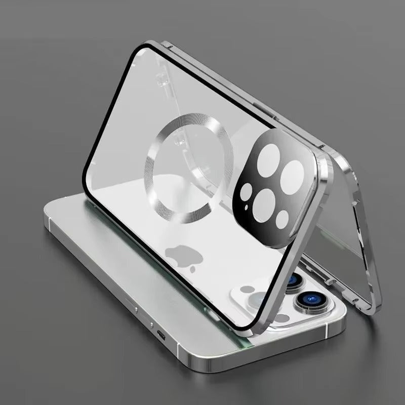 Premium Apple iPhone Case Ultra Thin Shockproof Magnetic Full All Around Protection Cover with Metal Frame Glass Design