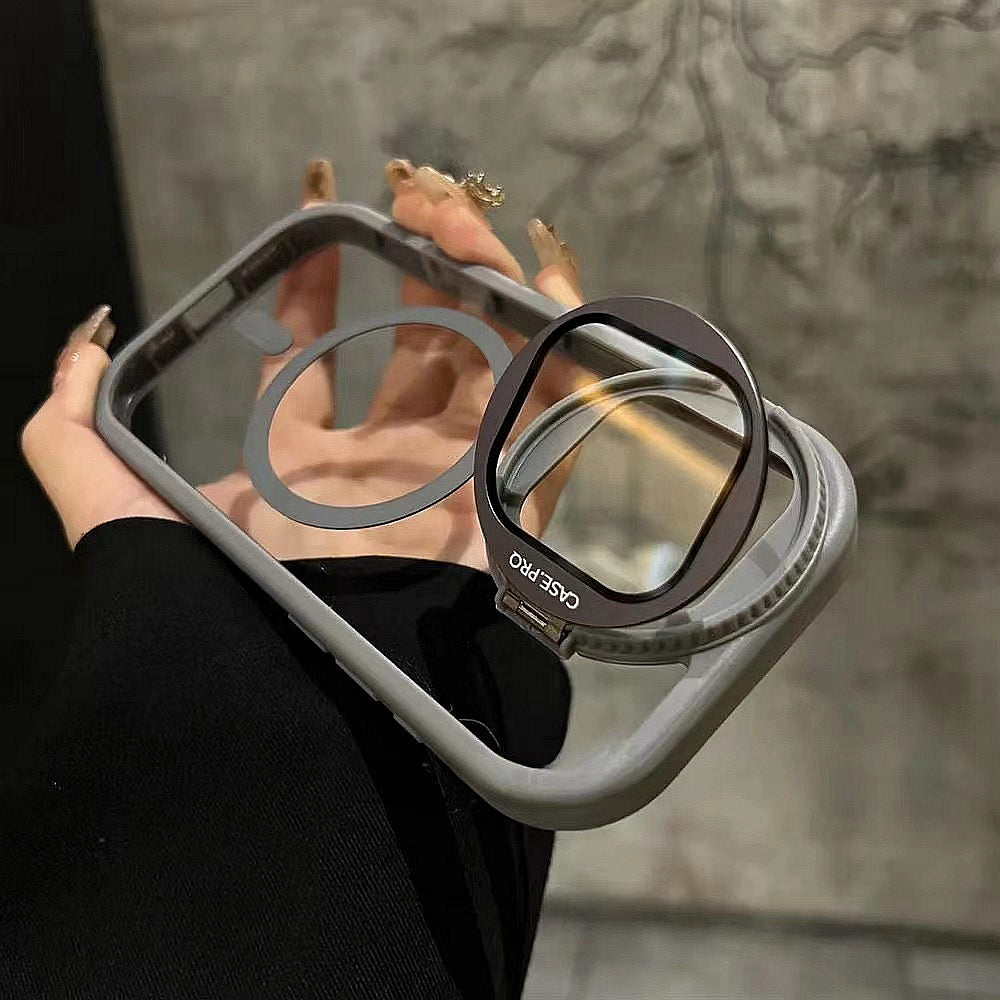 Luxury Glass Camera Stand iPhone Case - Transparent Magnetic Acrylic Cover, Wireless Charging Compatible, Case for iPhone
