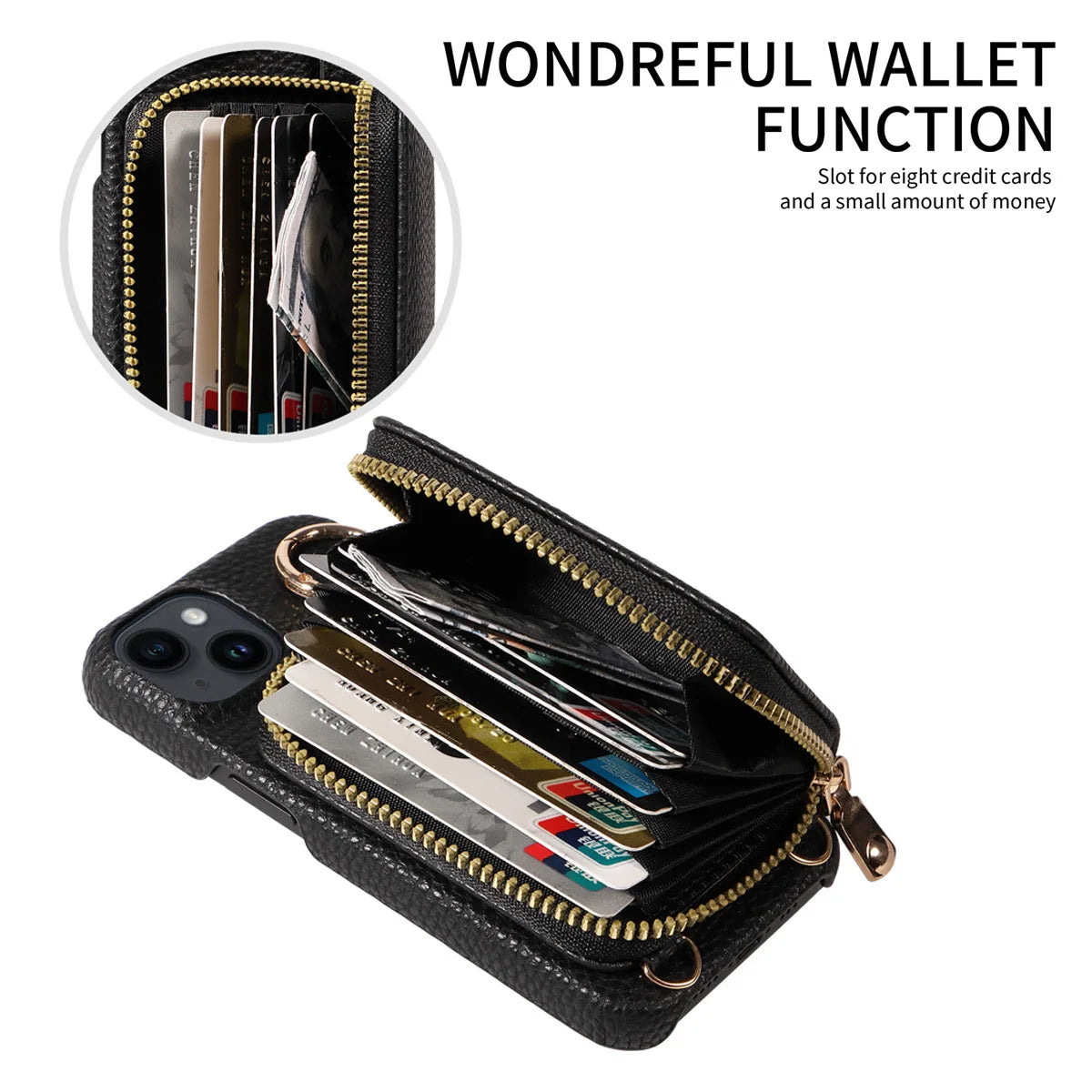 Luxury Zipper Wallet Crossbody iPhone Case Leather Cover with Card Holder Lanyard Strap and Full Protection for iPhone Models