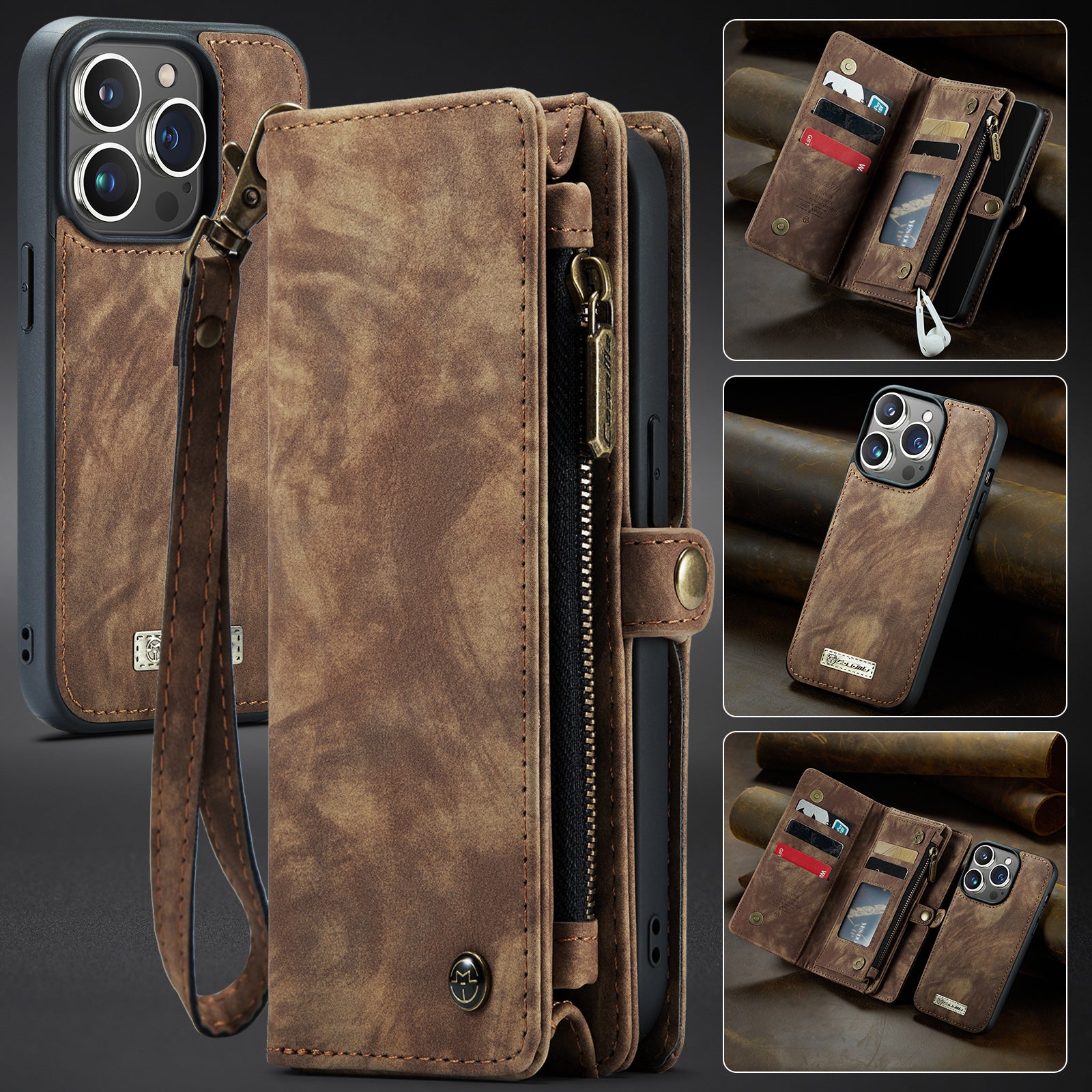 Luxury Detachable Leather Wallet iPhone Case – Multi-Function Zipper Flip Cover, Card Holder, Shockproof Protection, Magnetic Closure for iPhone