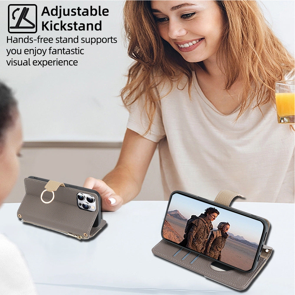 Premium Leather Crossbody Wallet Case for iPhone - Flip Mirror Design, Long Lanyard, Shockproof Protection for iPhone Models