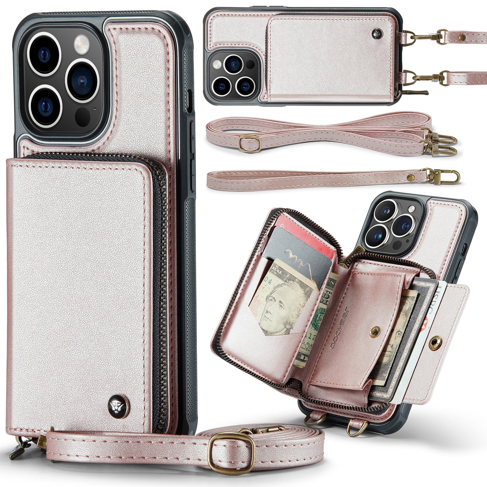 Luxury Leather Wallet Crossbody iPhone Case – Card Slot Holder, Stand Function, Hand Lanyard Strap, Shockproof Protection for iPhone