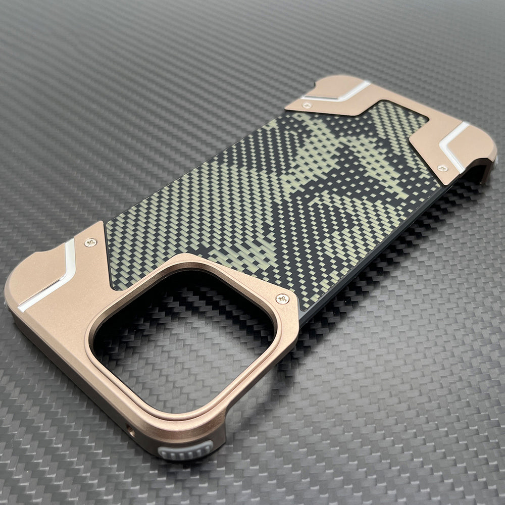 Camouflage Metal Armor Case Frameless Real Carbon Fiber Cover with Built-In Magnet for iPhone Models, Durable and Protection