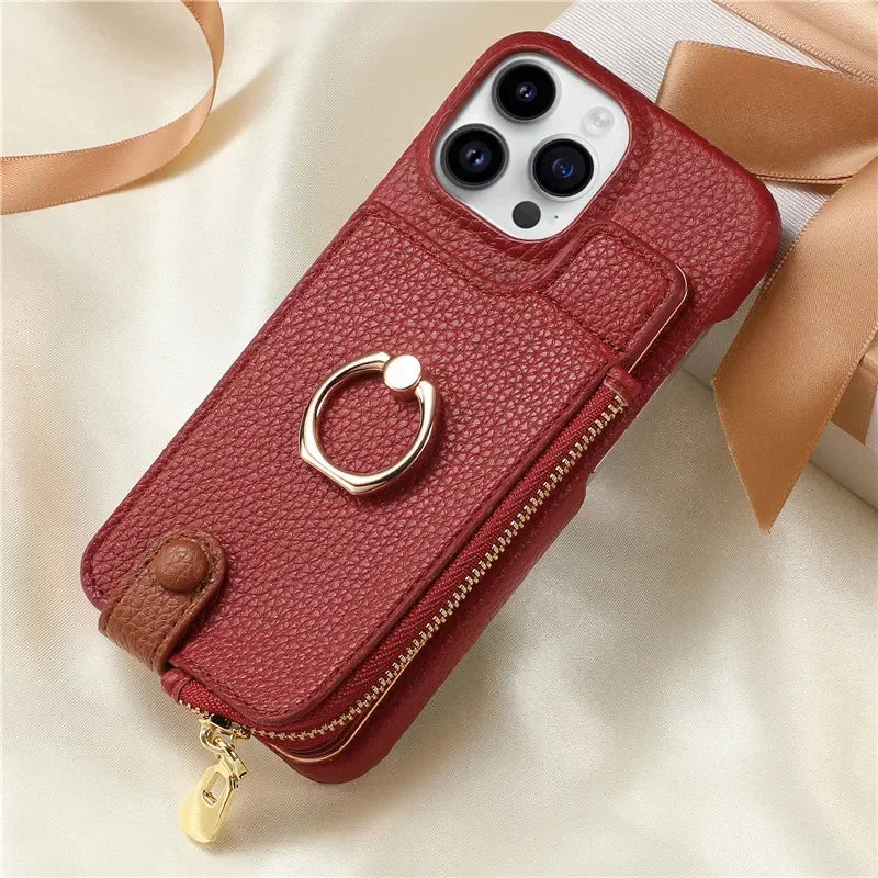 Luxury Leather Zipper Wallet iPhone Case – Card Holder, Ring Kickstand, Shockproof Cover for iPhone Models