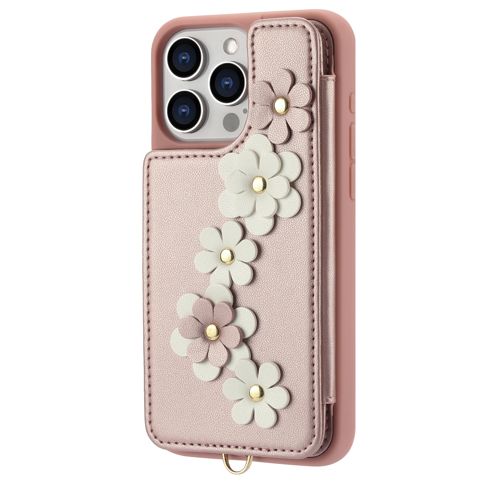 Luxury Crossbody Wallet Leather iPhone Case – 3D Flower Design, Card Slot, Wrist Strap, Magnetic Closure, Protective Cover