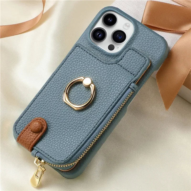 Luxury Leather Zipper Wallet iPhone Case – Card Holder, Ring Kickstand, Shockproof Cover for iPhone Models